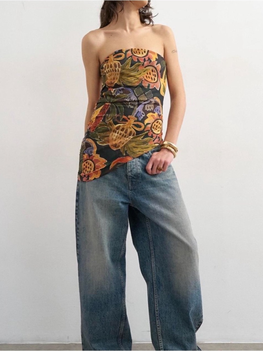 Size S Topshop strapless asymmetric tube top with floral and leaf design